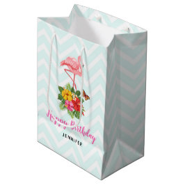 Sacola Para Presentes Média Aniversário do Rico Flamingo e Tropical de Hibiscu