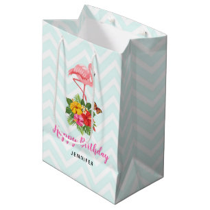 Sacola Para Presentes Média Aniversário do Rico Flamingo e Tropical de Hibiscu