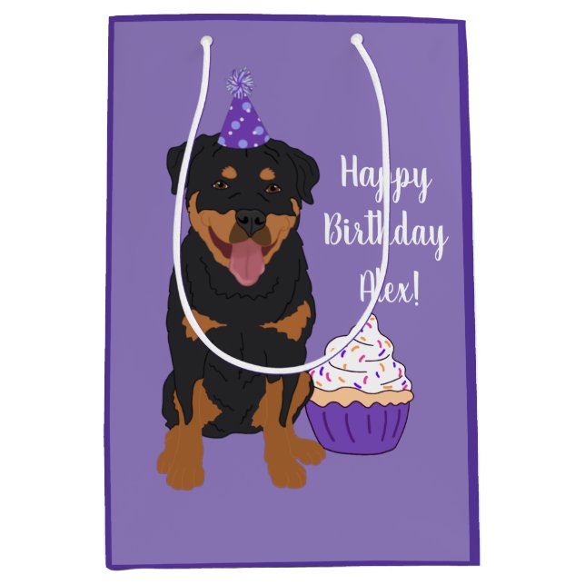 Sacola Para Presentes Média Aniversário do Rottweiler Personalizável (Frente)