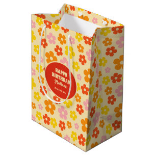 Sacola Para Presentes Média Aniversário feliz do Flor Laranja Boho