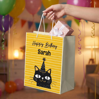 Sacola Para Presentes Média Aniversário Feliz Gato Preto Engraçado Personaliza