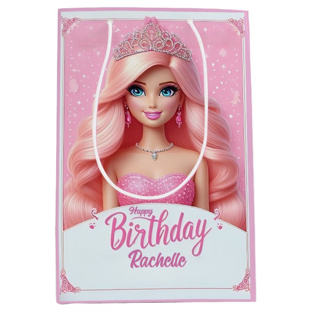 Sacola Para Presentes Média Aniversário Feliz Princesa Rosa Personalizado (Frente)