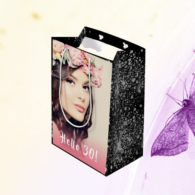 Sacola Para Presentes Média Aniversário, foto de poeira de prata preta, 30 (Criador carregado)