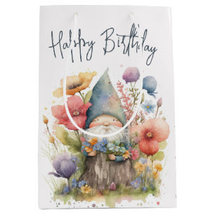 Sacola Para Presentes Média Aniversário Gnome Em Flores