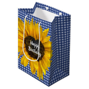 Sacola Para Presentes Média Aniversário Heart Sunflower Em Gingham