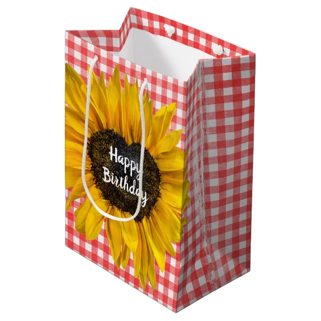 Sacola Para Presentes Média Aniversário Heart Sunflower Em Gingham (Frente inclinada)