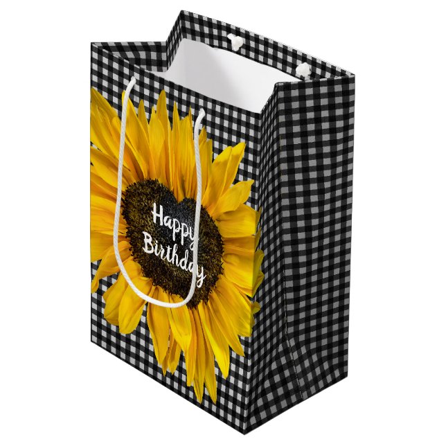 Sacola Para Presentes Média Aniversário Heart Sunflower Em Gingham (Frente inclinada)
