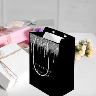 Sacola Para Presentes Média Aniversário obrigado preto de prata a favor