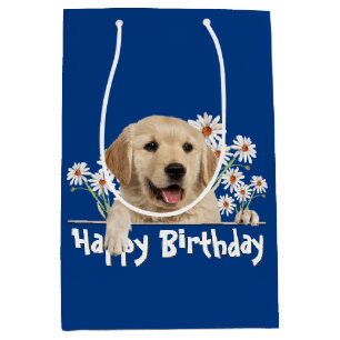 Sacola Para Presentes Média Aniversário Ouro Retriever De Azul