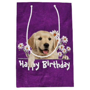 Sacola Para Presentes Média Aniversário Ouro Retriever Em Couro Roxo