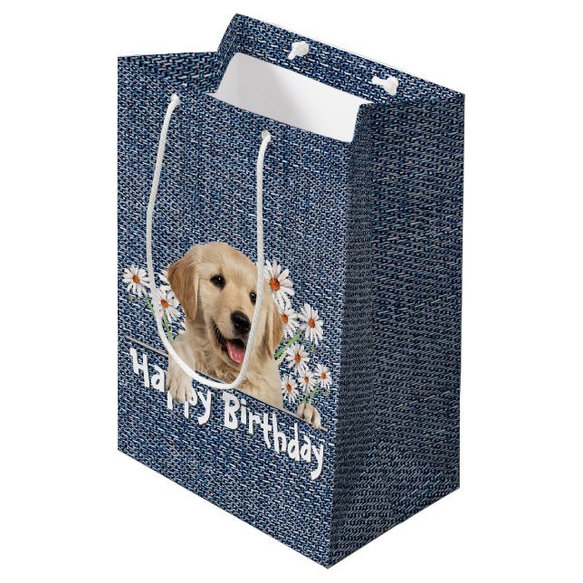 Sacola Para Presentes Média Aniversário Ouro Retriever Em Denim (Frente inclinada)