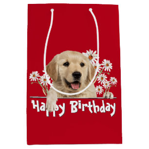 Sacola Para Presentes Média Aniversário Ouro Retriever Em Vermelho