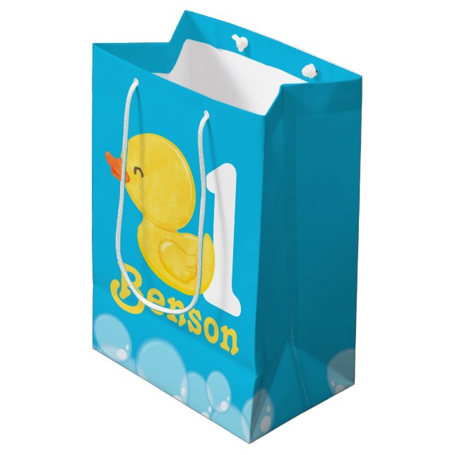 Sacola Para Presentes Média Aniversário Personalizado do Pato de Borracha Azul (Frente inclinada)