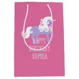 Sacola Para Presentes Média Aniversário Púrpura do Unicórnio Rosa
