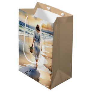 Sacola Para Presentes Média Aniversário que caminha pela praia aquarela