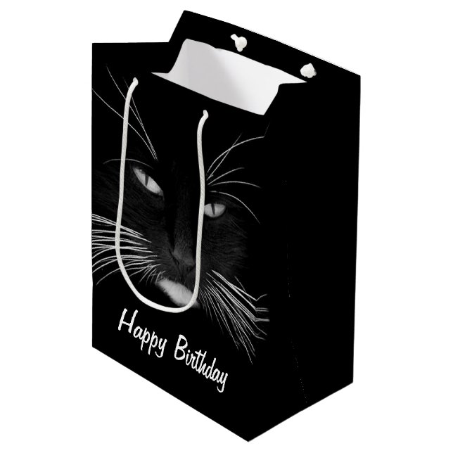 Sacola Para Presentes Média Aniversário Rosto Preto de Gato (Frente inclinada)