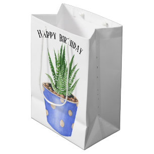 Sacola Para Presentes Média Aniversário Suculento Em Pote De Bolinhas