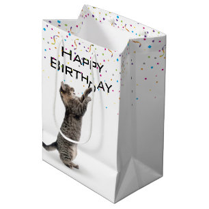 Sacola Para Presentes Média Aniversário Tabby Cat com Confetti
