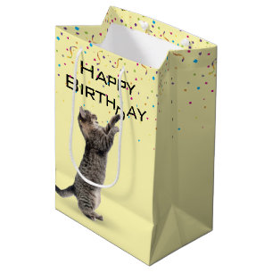 Sacola Para Presentes Média Aniversário Tabby Cat com Confetti