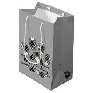 Sacola Para Presentes Média Aniversário Tartan Xadrez Paw Imprime Na Cinza