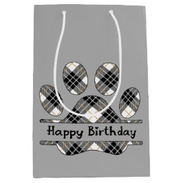 Sacola Para Presentes Média Aniversário Tartan Xadrez Paw Imprime Na Cinza