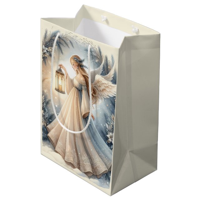 Sacola Para Presentes Média Anjo Celestial de Inverno Lanterna da Paz (Verso inclinado)