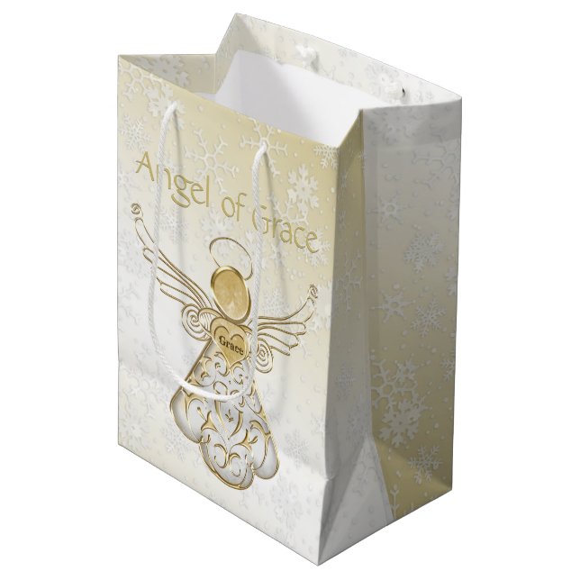 Sacola Para Presentes Média Anjo Filigre de Grace Ombre Snowflakes Dourado (Frente inclinada)