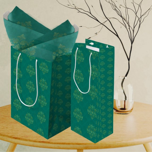 Sacola Para Presentes Média Antique Teal Green Gold Damask  (Elegant damask pattern.)