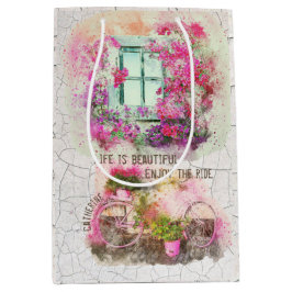 Sacola Para Presentes Média Aproveite o passeio | Bicicleta De Aquarela Com Fl