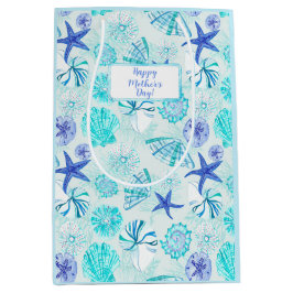 Sacola Para Presentes Média Aqua-blue-teal watercolor seashell-w/nome personal