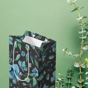 Sacola Para Presentes Média Aquarela Azul em Floral Cinza Escuro