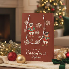 Sacola Para Presentes Média Aquarela Flocos de Neve Cachorro Pug de Terracota 