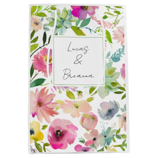 Sacola Para Presentes Média Aquarela Floral NOME & NOME Casamento Colorido