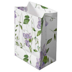 Sacola Para Presentes Média Aquarela Flores De Ervilha Púrpura Elegante