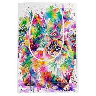 Sacola Para Presentes Média Arco-íris Caprichoso de Aquarela Gato Fofo no Inve