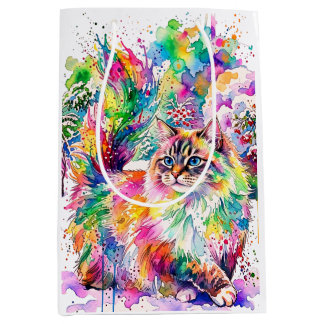 Sacola Para Presentes Média Arco-íris Caprichoso de Aquarela Gato Fofo no Inve