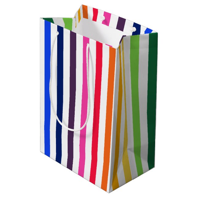 Sacola Para Presentes Média Arco-íris e listras brancas (Verso inclinado)