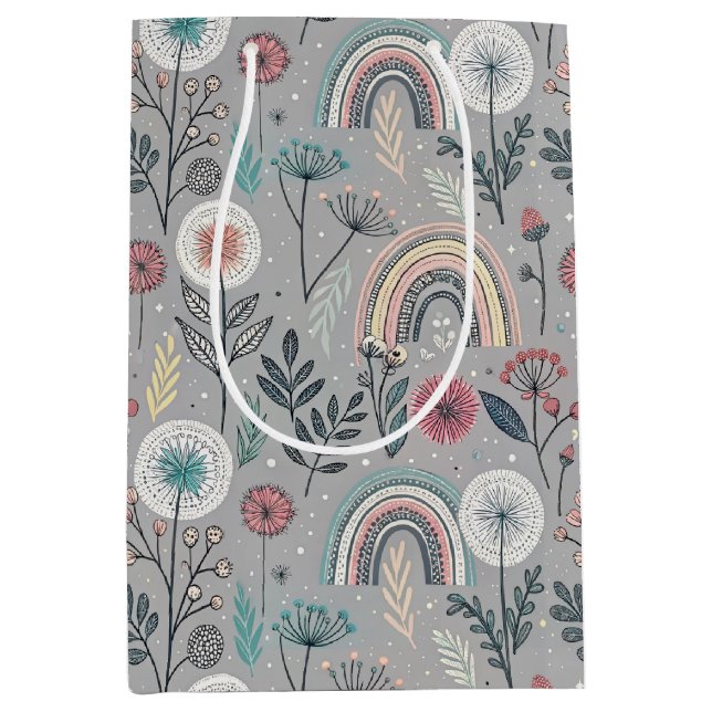Sacola Para Presentes Média Arco-Íris Whimsical e Botânica (Frente)
