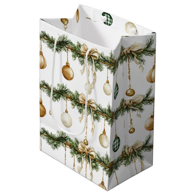 Sacola Para Presentes Média Arcos Marrons Rústicos Creme Verde Natal (Frente inclinada)