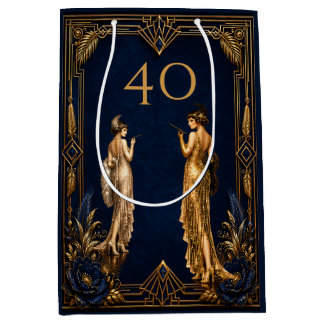 Sacola Para Presentes Média  Art Deco 40º garotas flapper azul dourado Gatsby 