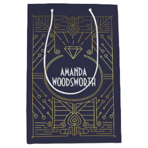 Sacola Para Presentes Média Art Deco Vintage Marinho Azul e Dourado Gift Bag