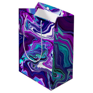 Sacola Para Presentes Média Arte Abstrato de Mármore Roxo, Azul e Teal