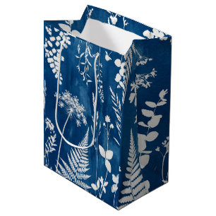 Sacola Para Presentes Média Arte Botânica de Samambaia em Azul Cianotipo Pruss