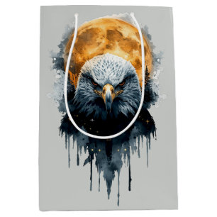 Sacola Para Presentes Média Arte de Águia Careca Majestosa Aquarela Lua Vida S