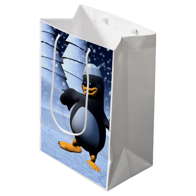 Sacola Para Presentes Média Arte de Férias de Inverno Adorável de Pinguim Mari (Frente inclinada)