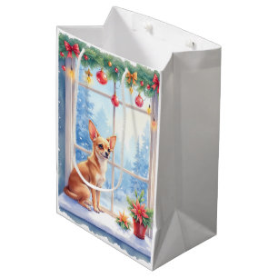 Sacola Para Presentes Média Arte de Natal com Chihuahua na Janela Nevada de Fé