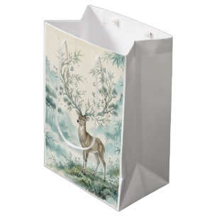 Sacola Para Presentes Média Arte em Aquarela da Floresta de Cervos Místicos