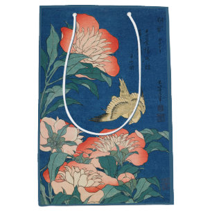 Sacola Para Presentes Média Arte Japonesa Hokusai Peônias e Canário