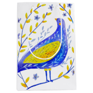 Sacola Para Presentes Média Arte Moderna de Pássaro Azul e Amarelo em Aquarela