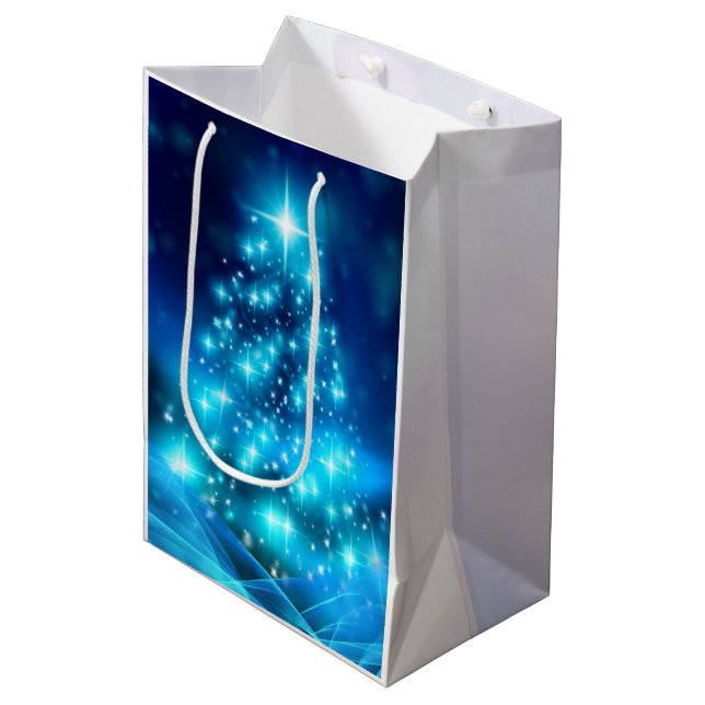 Sacola Para Presentes Média Árvore de Natal Azul Moderna Elétrica com Luzes (Frente inclinada)